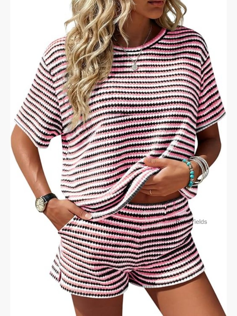 Striped 2 Piece Short Set - Short Sleeve Tee & Elastic Shorts Matching Lounge